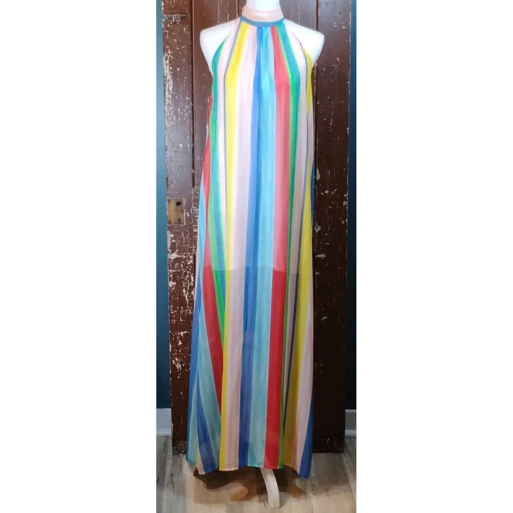 Carole Christian Multicolor Striped Halter Maxi Dress L